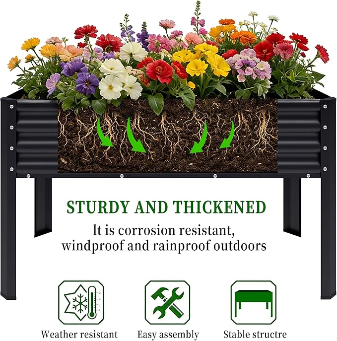 2Pcs Galvanized Raised Garden Bed with Legs, 48×24×32in Large Metal Elevated Raised Planter Box with Drainage Holes for Backyard, Patio, Balcony, 400lb Capacity,Black