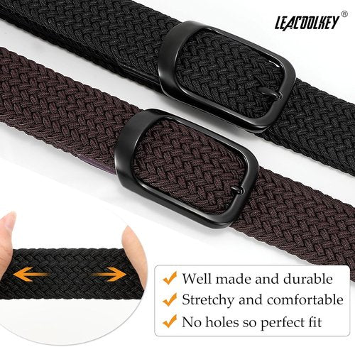 LEACOOLKEY Stretch Belts for Men - Elastic Woven Braided Casual Golf Belt | 2 Pack, 1 3/8" Width