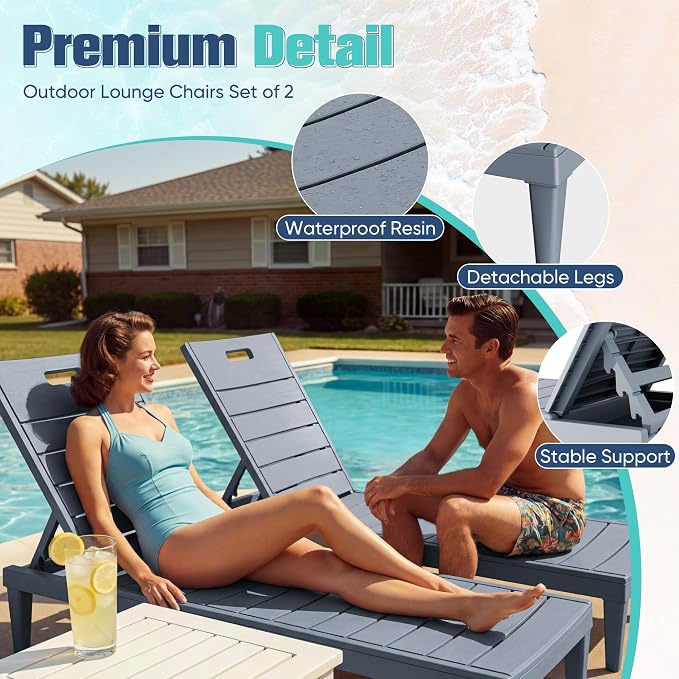 Devoko Outdoor Chaise Lounge Chair Set of 2 with 5-Position Adjustable Back, Waterproof & Lightweight PP Lounge Chairs for Outside Pool Patio (Light Grey)