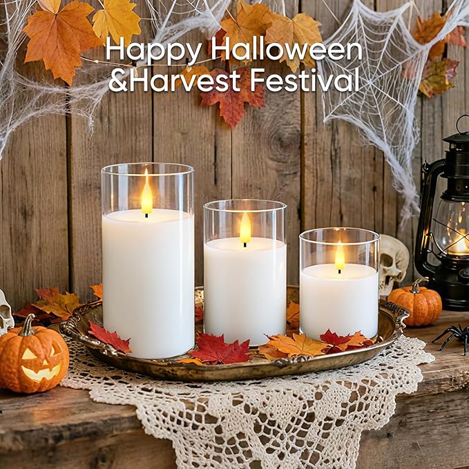 5plots Flameless Battery Operated Candles Set of 3, White LED Candles with Remote Timer, Real Wax Glass Pillar Candles Warm Flickering Light for Indoor Home, Halloween, Christmas Decor D3 x H4 5" 6"