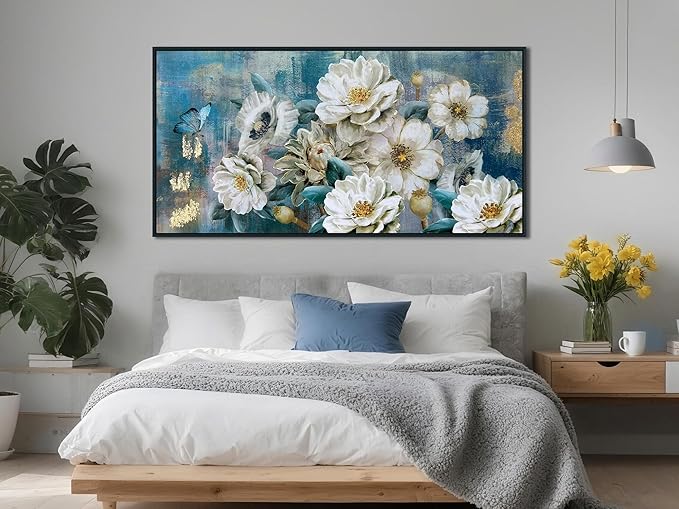 Arjun Extra Large Black Framed Flower Canvas Wall Art for Living Room White Elegant Modern Painting for Bedroom Textured Gold Foil Turquoise Picture Floral Teal Artwork Home Office Decor, 58"x29"