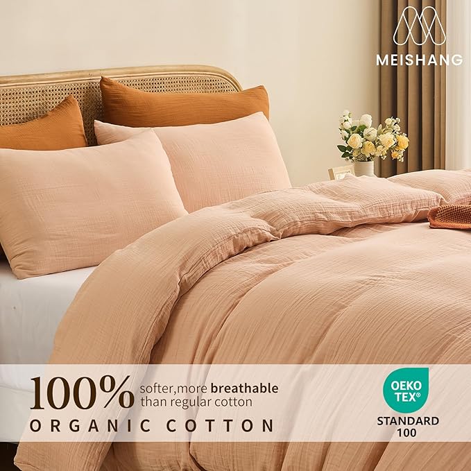 MEISHANG Muslin Duvet Cover King Size - 100% Organic Cotton, Soft Textured Gauze Weave Comforter Cover for Breathable All-Season with Zipper Closure - 3 Piece Set (King, Cameo Rose)