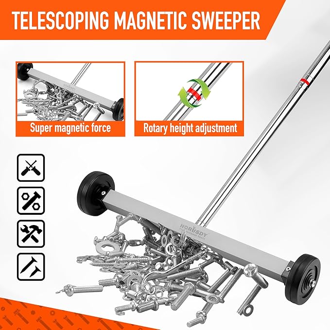 HORUSDY 17-Inch Rolling Magnetic Sweeper with Wheels | Adjustable Handle | 8.8-Pound Capacity Heavy-Duty Magnet to Pick Up Nails