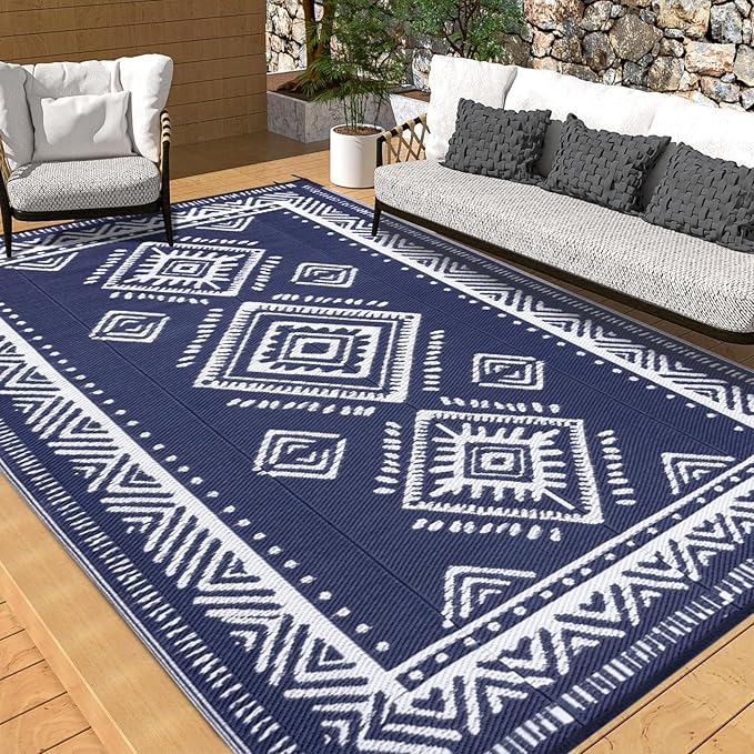OMERAI Reversible Waterproof Outdoor Rug for Backyard,Plastic Textured Resistant Outdoors Rugs,Portable Washable Easy Cleaning Foldable Camping Beach Carpet for Patio Courtyard, 5'x8' Blue & White