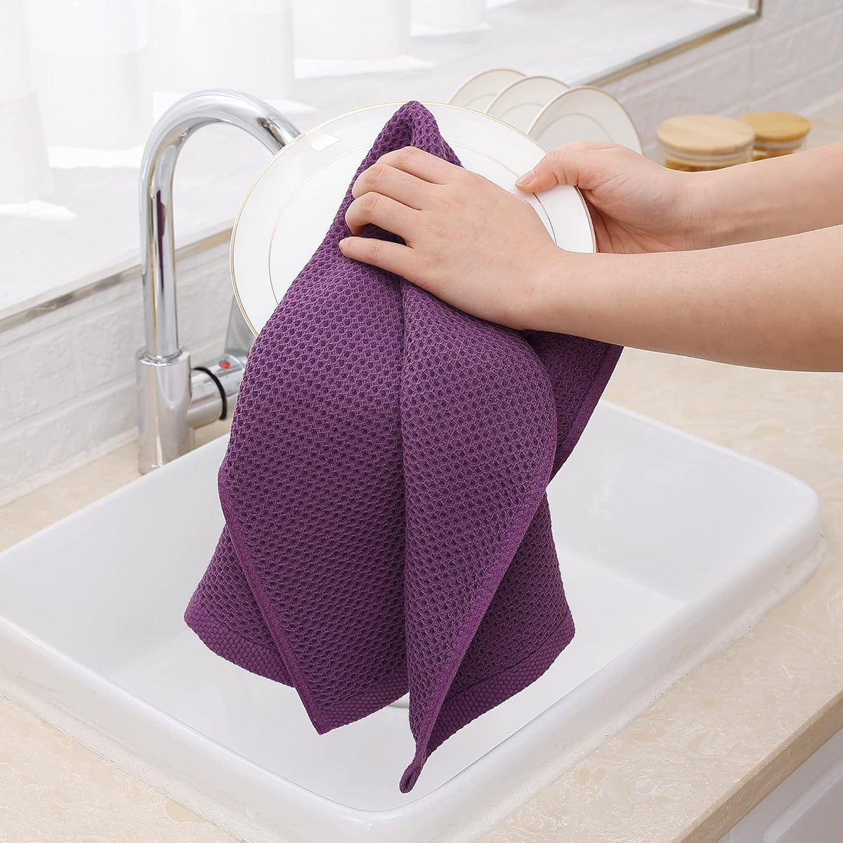 Homaxy 100% Cotton Waffle Weave Kitchen Dish Towels, Ultra Soft Absorbent Quick Drying Cleaning Towel, 13 x 28 Inches, 6-Pack, Purple