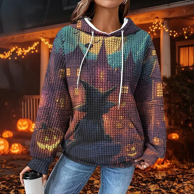 Halloween Sweatshirts for Women Novelty Graphic Drawstring Waffle Hoodies Loose Casual Pullover Tops with Pocket