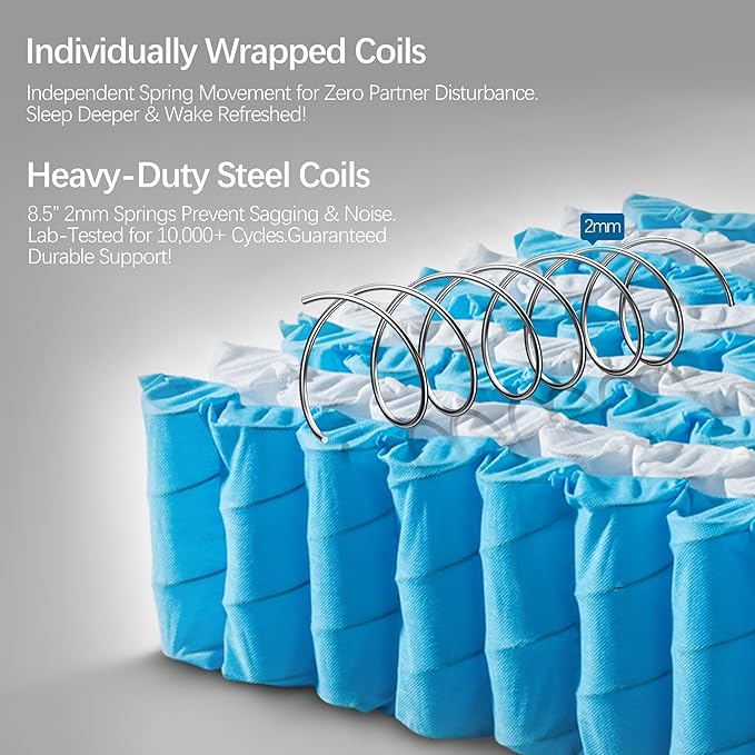 Queen Mattress- 10 Inch Hybrid Firm Support with Pocketed Coils & Cooling Gel Memory Foam | Orthopedic Back Pain Relief | Breathable | Queen Size Mattresses in a Box