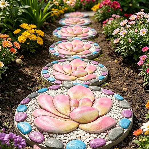 Succulent Pattern Cement Stepping Stones - Garden Stepping Stones Outdoor Pavers for Outside Walkway Gifts for Grandma Garden Stones Decorative Sculpture Yard Art 0.75 * 10 * 10 Inch