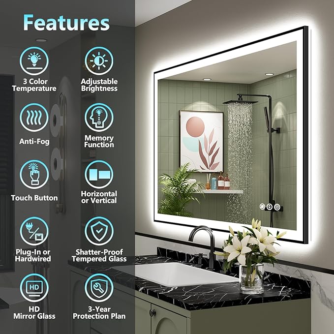 48x40 Black Framed LED Bathroom Mirror