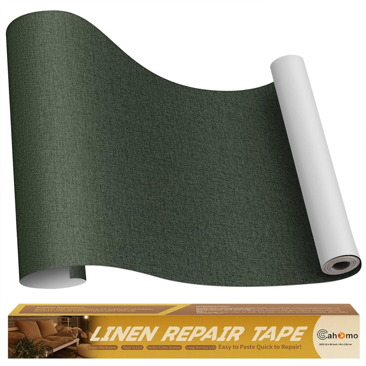 Linen Repair Tape 16x90 inch, Self Adhesive Fabric Patches, Linen Patch Tape Kit, Fabric Repair Tape for Couch Sofas, Headboards, Chairs, Pillows, Curtains, Couches - Army Green