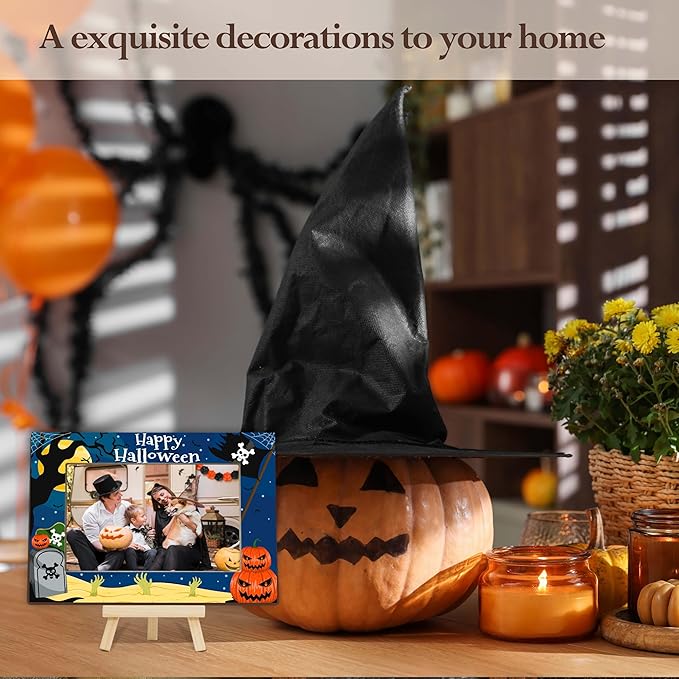 Halloween Picture Frame, 4×6 Pumpkin Wooden Photo Frame for Home Decor Tabletop Display, Spooky Sea Gifts for Family Friends - A04