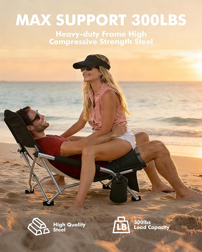 AKSOUL Folding Beach Chair for Adults: Low/High Back Chairs with Carry Bag - Extra Wide Seat Chair with Comfortable Pillow & Storage Pocket (1 Pack & 2 Pack, Blue)