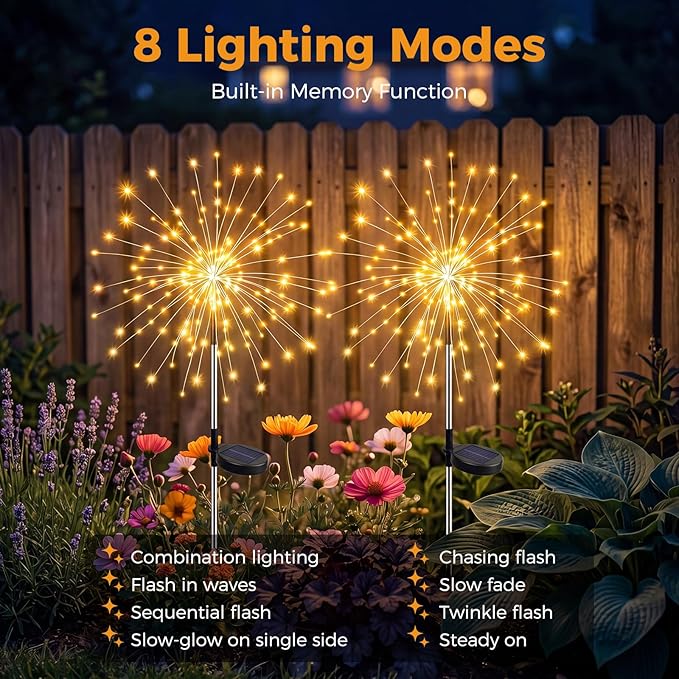 btfarm 4 Pack 120 LED Solar Garden Lights Outdoor, 8 Modes Firework Lights Solar Powered, Waterproof Twinkle Fairy Light Outside for Yard Patio Pathway Pool Christmas Party Decorative, Warm White