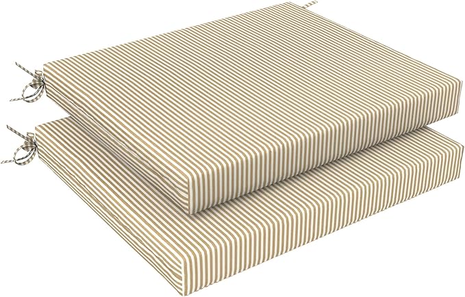 LVTXIII Outdoor Seat Cushions Seasonal Replacement Chair Cushions, Patio Chair Pads with Ties for Dining Chairs and Garden Furniture, (Square Back, 18.5"x16"x2", 2 Pack, Strip Beige)