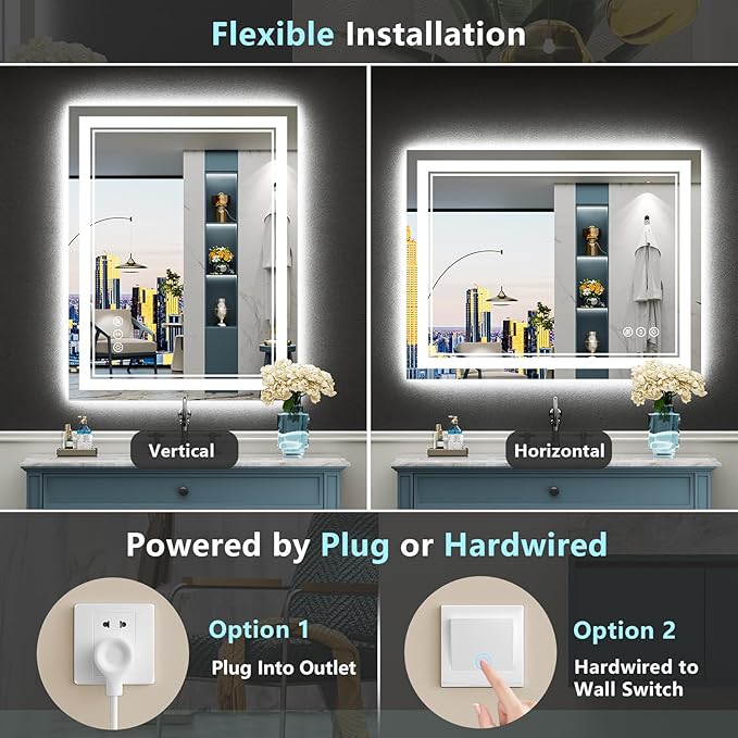 28x36 LED Bathroom Mirror with Lights, Backlit and Front Lit Anti-Fog Lighted
