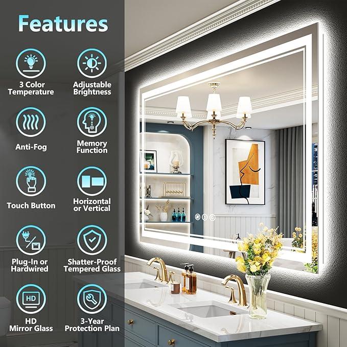 50x36 LED Bathroom Mirror with Lights, Backlit and Front Lit Anti-Fog Lighted