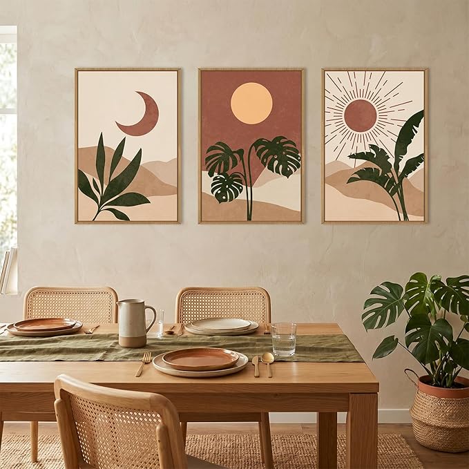 KAIRNE Vintage Sun and Moon Framed Canvas Wall Art Set,Boho Desert Botanical Wall Decor,Abstract Green Terracotta Art Prints,Retro Minimalist Artwork for Living Room,Bedroom,Farmhouse,Office-16"x24"x3