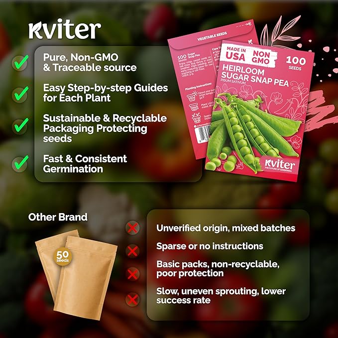 KVITER 100 Sugar Snap Peas Seeds (Pisum sativum) – Sweet Pea Heirloom Seed, Crisp Flavor, Plumper Pods & Early Harvest — Vegetable Seeds for Planting in Outdoor Garden, Containers & Beds