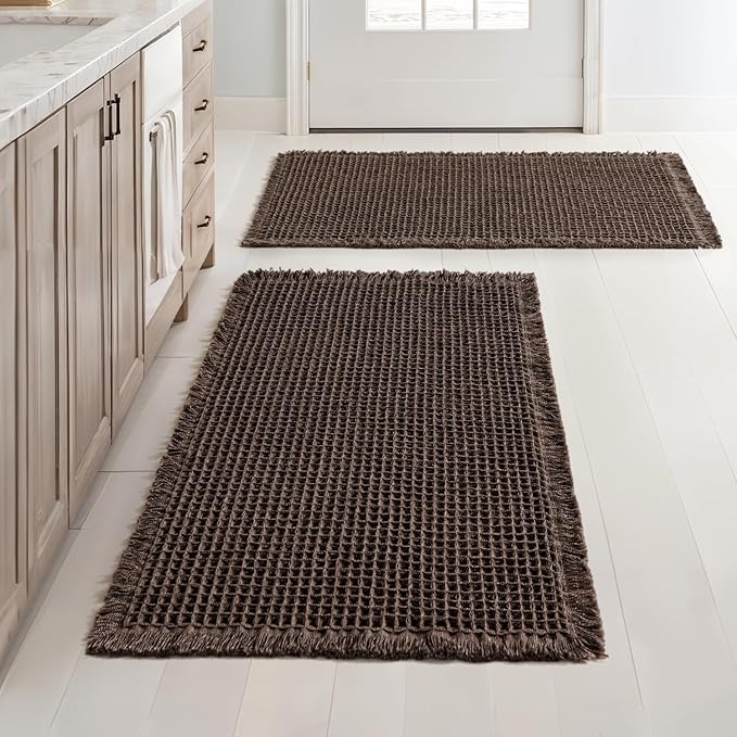 MIULEE Set of 2 Waffle Bathroom Rugs, Boho Bath Rugs Non Slip Washable, Super Absorbent Bath Mats, Ultra Soft Rubber Backed Shower Mats for Bathroom Floor, Tub and Shower, Chocolate, 18x30 Inch