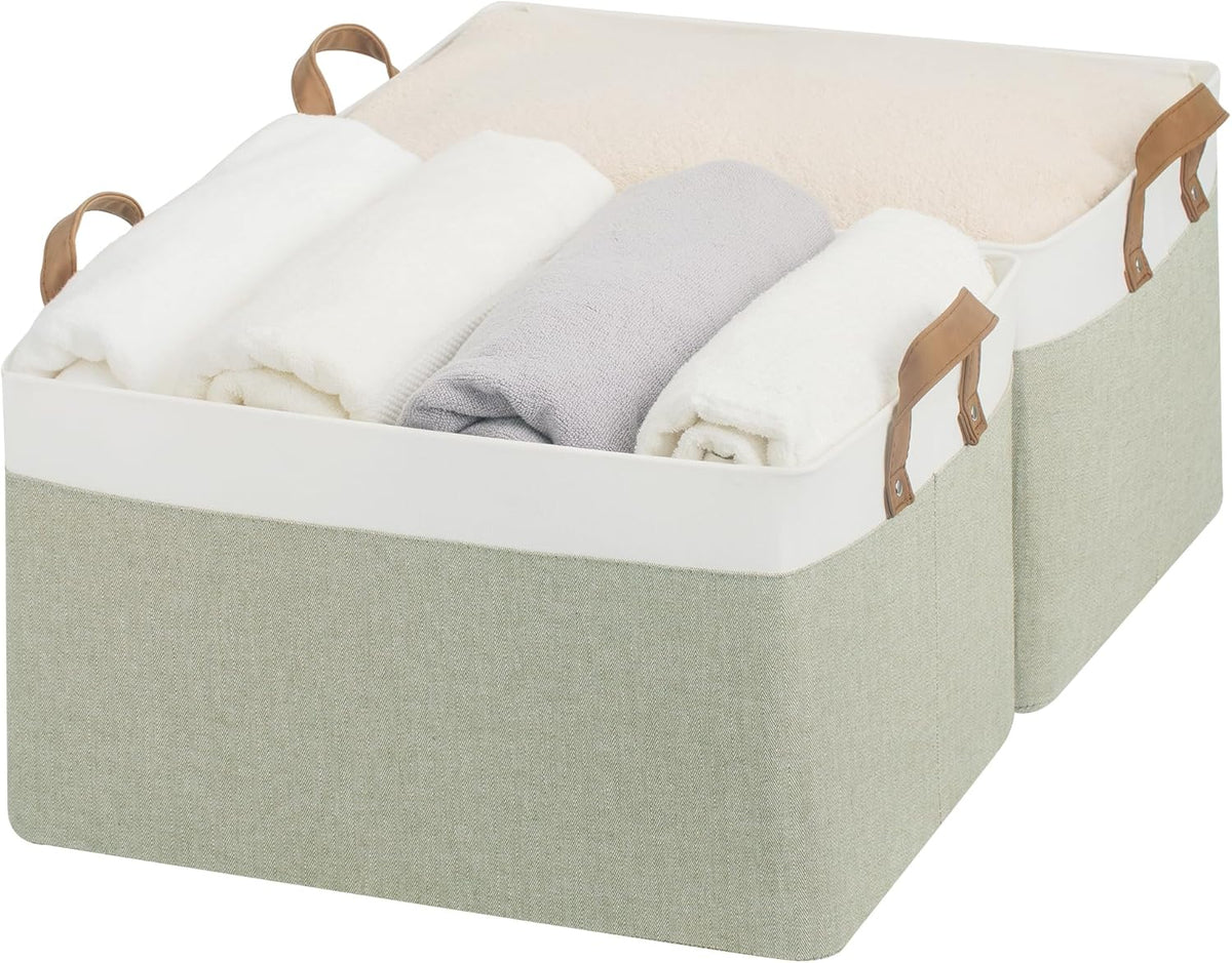 StorageWorks Storage Bins, Fabric Storage Bins for Shelves, Extra Large Storage Baskets with Metal Frame, Closet Baskets and Bins with Handles, Jumbo, Green and White, 2-Pack