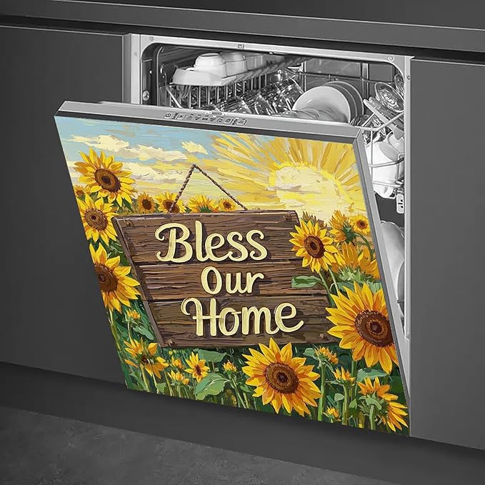 Dishwasher Magnet Cover 23x26 in Rustic Sunflower Field with Bless Our Home Wooden Sign Dishwasher Cover for Kitchen Appliance Decoration Front Panel Sticker Skin Panel Home Decor Decal