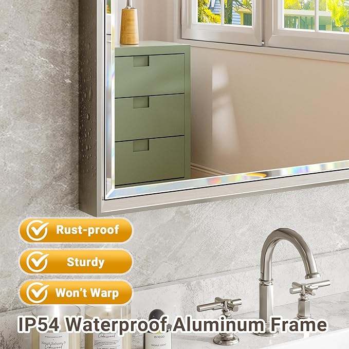 48'' x 36'' Brushed Nickel Framed Beveled Bathroom Mirror, Shatterproof