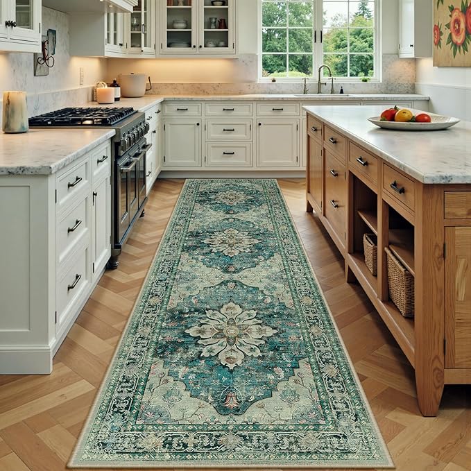 Area Rugs 3'x9' Runner Rug Non Slip Washable for Kitchen Hallway Bedroom Beside Laundry Room Bathroom Rug, Floor Carpet, Dark Blue Vintage
