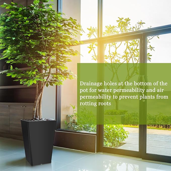 Briwooody Set of 2 15.75 Inch Large Taper Planters Outdoor Indoor Tall Resin Flower Pots with Drainage Holes Modern for Front Door Patio Backyard Plants(Black)