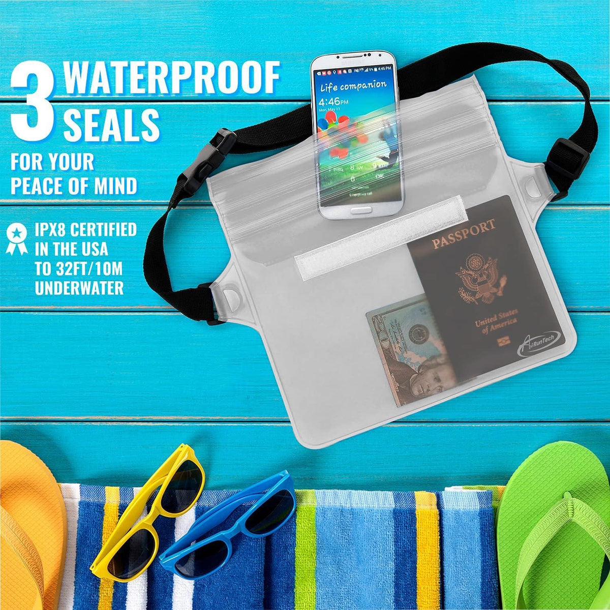 AiRunTech Waterproof Pouch - 2 Pack Waist Strap | Keep Your Phone Safe & Dry for Beach, Pool, Boating, and More