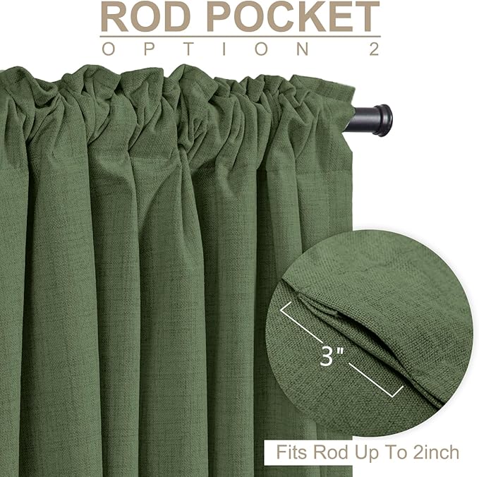 100% Blackout Shield Olive Green Linen Blackout Curtains