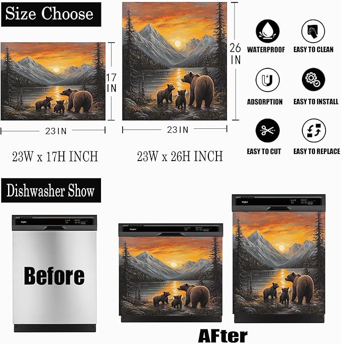 Lake Sunset Reflection Brown Bear Dishwasher Magnet Cover, Creative Kitchen Appliances Panel Decorate Refrigerator Front Door Magnets Decals 23" W x 17" H