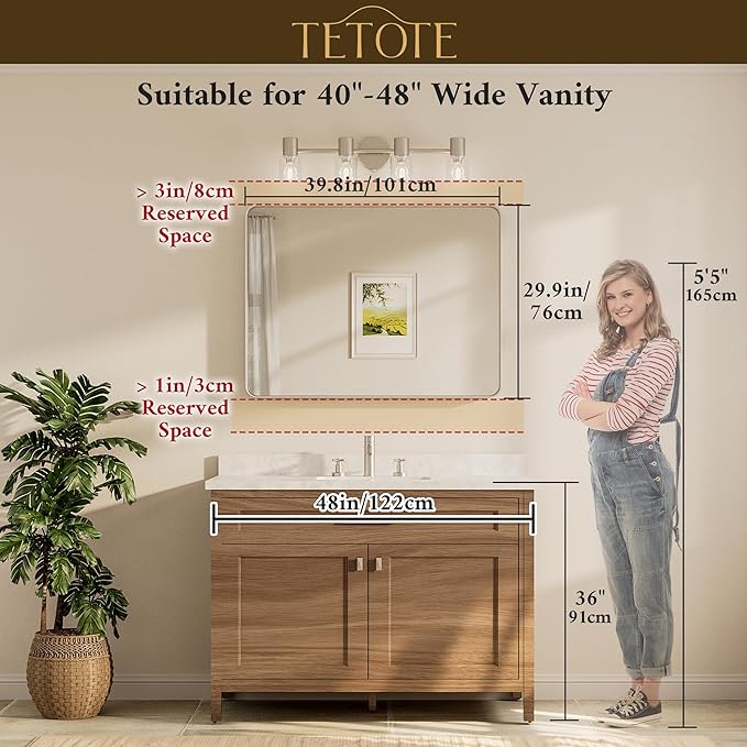TETOTE 40 x 30 Inch Gold Bathroom Mirror, Brushed Brass Metal Frame Mirror