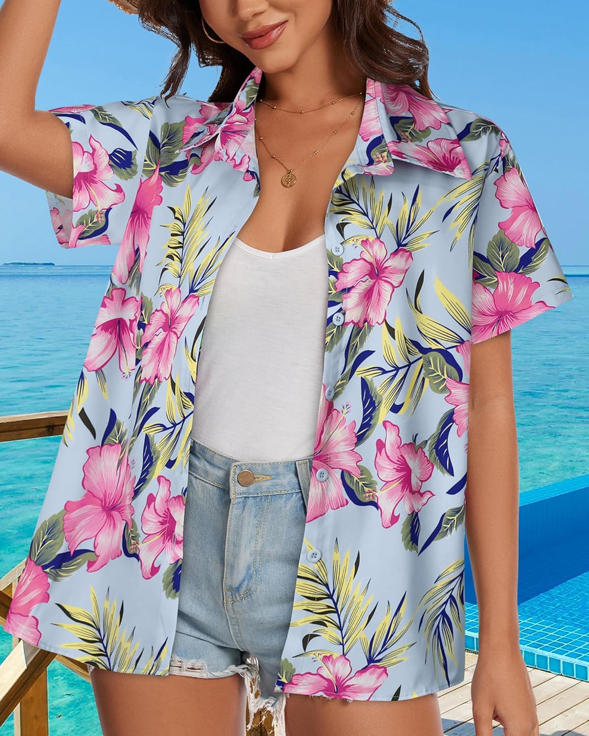 Skiennix Women’s Hawaiian Shirt - Cool Summer Button Down Blouse | Short Sleeve V-Neck Top
