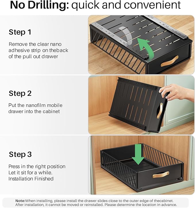 Pull out Cabinet Organizer Fixed with Adhesive Nano Film,Heavy Duty Slide out Pantry Shelves Drawer Storage,Sliding Mesh Cabinet Basket with Handle for Kitchen, Bathroom,Home, 13.8"W X 21"D X6.2"H