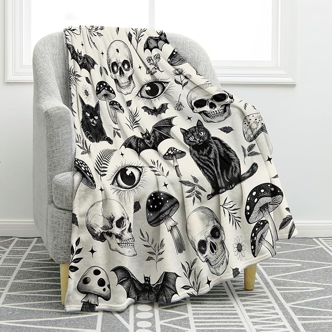 Jekeno Gothic Skull Blanket Cat Bat Mushroom Gifts for Women Men Girls Boys Mom Wife Husband Dad Halloween Birthday Christmas Easter Presents Home Bedroom Living Room Bed Sofa Decor Throw 60"x80"