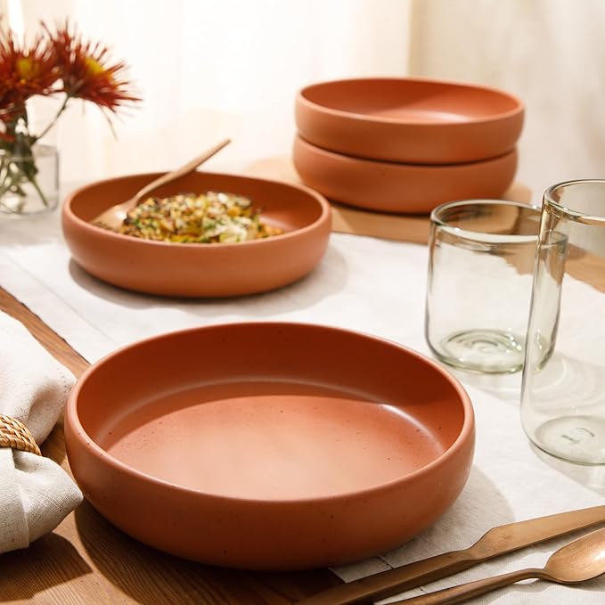 Bloomhouse Corsica Clay 4 Piece Dinner, Pasta, Meal Bowl Set - Burnt Apricot Terracotta