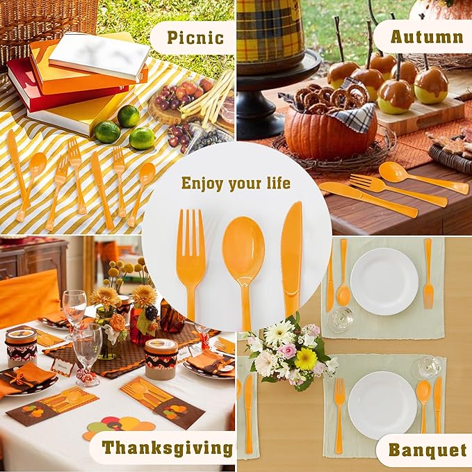 300 Pcs Orange Plastic Silverware, Orange Plastic Cutlery Includes 100 Forks, 100 Spoons, 100 Knives for Birthday, Autumn Party, Halloween, Thanksgiving Day