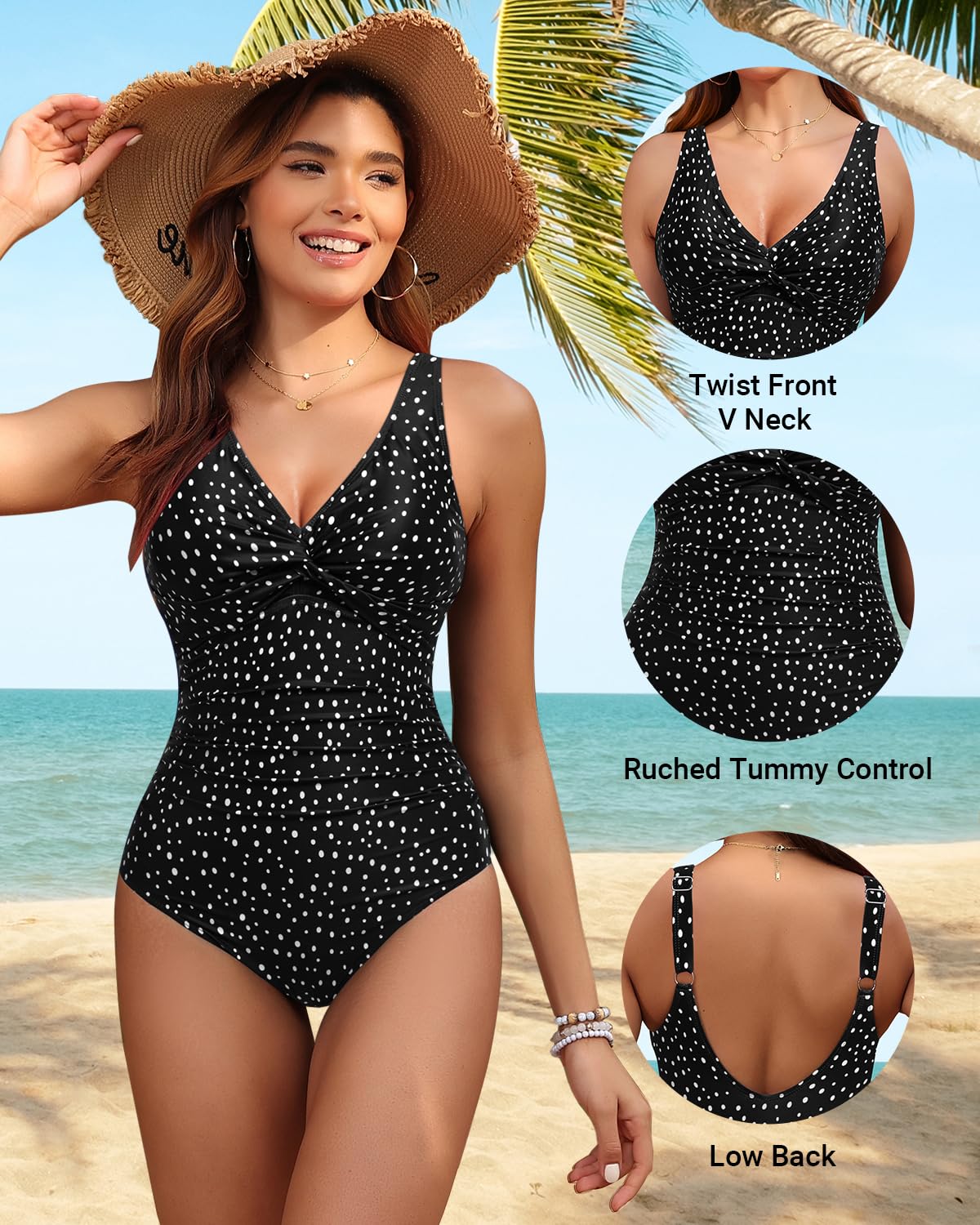 Holipick Black Dot Women Tummy Control One Piece Swimsuit - Push Up Bathing Suit Full Coverage Slimming Swimwear M