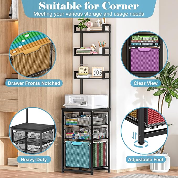 3-Drawer File Cabinet with 3 Shelves, 61" Tall Vertical Filing Cabinet for Home Office, Metal Mesh Drawers with Small Printer Stand, Fit for Letter Files, Black