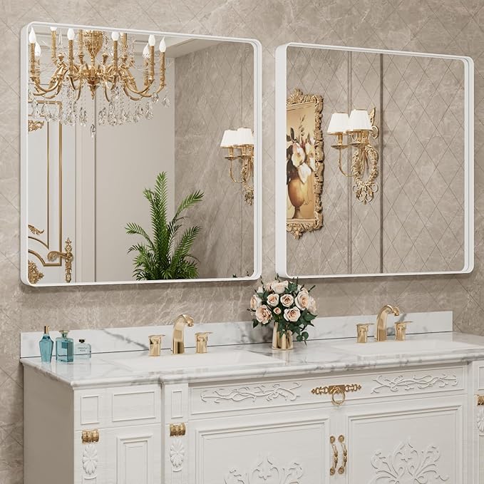 LOAAO 38x38 Inch White Metal Framed Bathroom Mirror