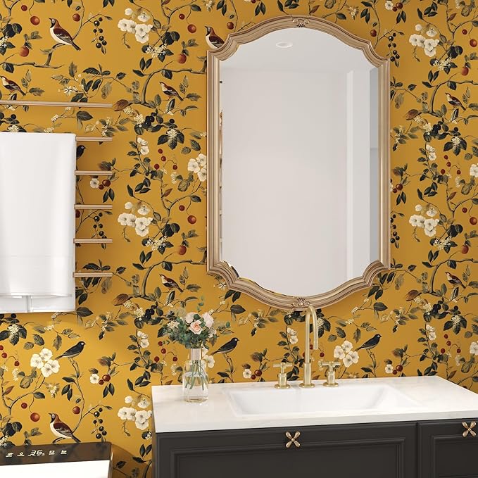 Laatse Vintage Bird Wallpaper 17.5"x393" Yellow Chinoiserie Floral Wallpaper
