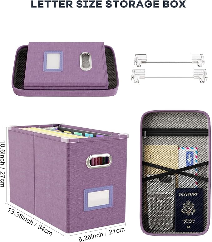 Oterri File Organizer with Lid, Hanging Filing Box with Mesh Pocket, Document Organizer for Letter Files, Portable Storage Box for Office & Home (1 PCS, Taro Purple)