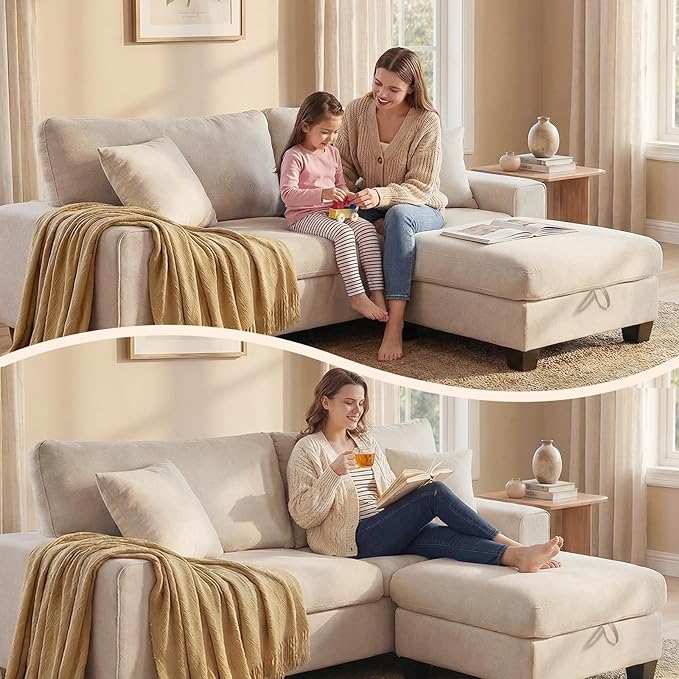 DOPEDIO L-Shaped Sectional Sofa with Storage Ottoman, Modern Chenille Recliner Loveseat, Removable Couch Covers, Pocket Spring Cushions, Solid Wood Frame, Easy to Install (88.58inch, Beige)