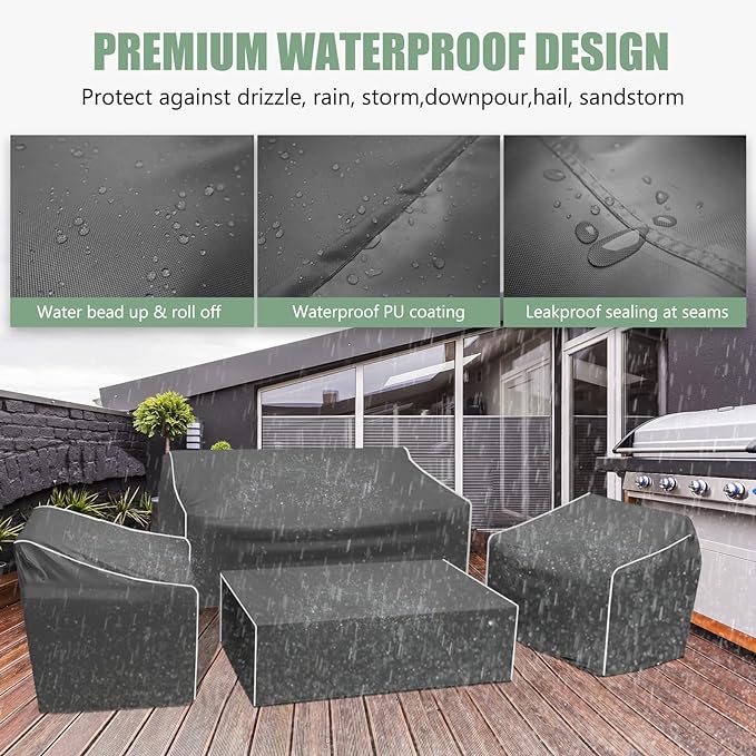 Gasadar Patio Furniture Cover 4-Piece Set, Outdoor Furniture Cover Waterproof for Lawn Patio Chairs, Loveseat and Coffe table, Grey