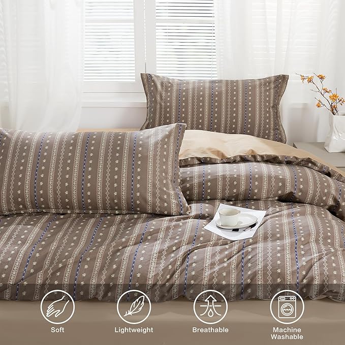 SAPHREAS Brown Stripe Duvet Cover Set Full Size 3pcs Floral Pattern Bedding Comforter Cover Set 100% Cotton 1 Duvet Cover 80"x90" 2 Pillow Shams, Comforter Not Included