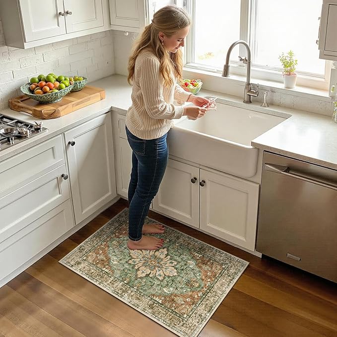 Area Rugs 2'x3' Kitchen Rugs Entry Rug Small Rugs for Entryway Kitchen Bathroom Door Mat Indoor Entrance,Washable Non Slip, Brick Red Rust Neutral Brown Burnt Orange Green
