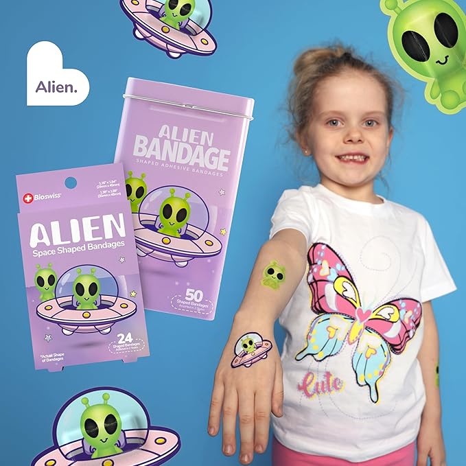 BioSwiss Kids Bandages, Halloween Alien Shaped Self Adhesive Bandage Set, Latex Free, Sterile Wound Care, 24 Count