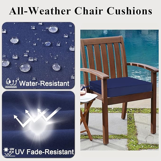Outdoor Chair Cushions 19x19x4 Inch, Waterproof Blue Patio Furniture Cushions Set of 2 with Ties & Handle, 3 Year Color Fastness Square Replacement Seat Cushions for Sofa, Couch