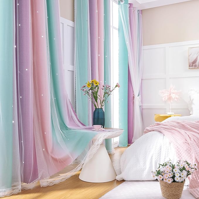 XiDi Curtains for Bedroom Decor, Rainbow PinkPuGreen-62-84