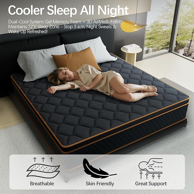 Queen Mattress- 10 Inch Hybrid Firm Support with Pocketed Coils & Cooling Gel Memory Foam | Orthopedic Back Pain Relief | Breathable | Queen Size Mattresses in a Box